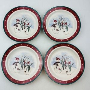 Royal Seasons Snowmen 4 Salad Plate‎ Lot 6.5" Red Band Dots Green Trim Stoneware